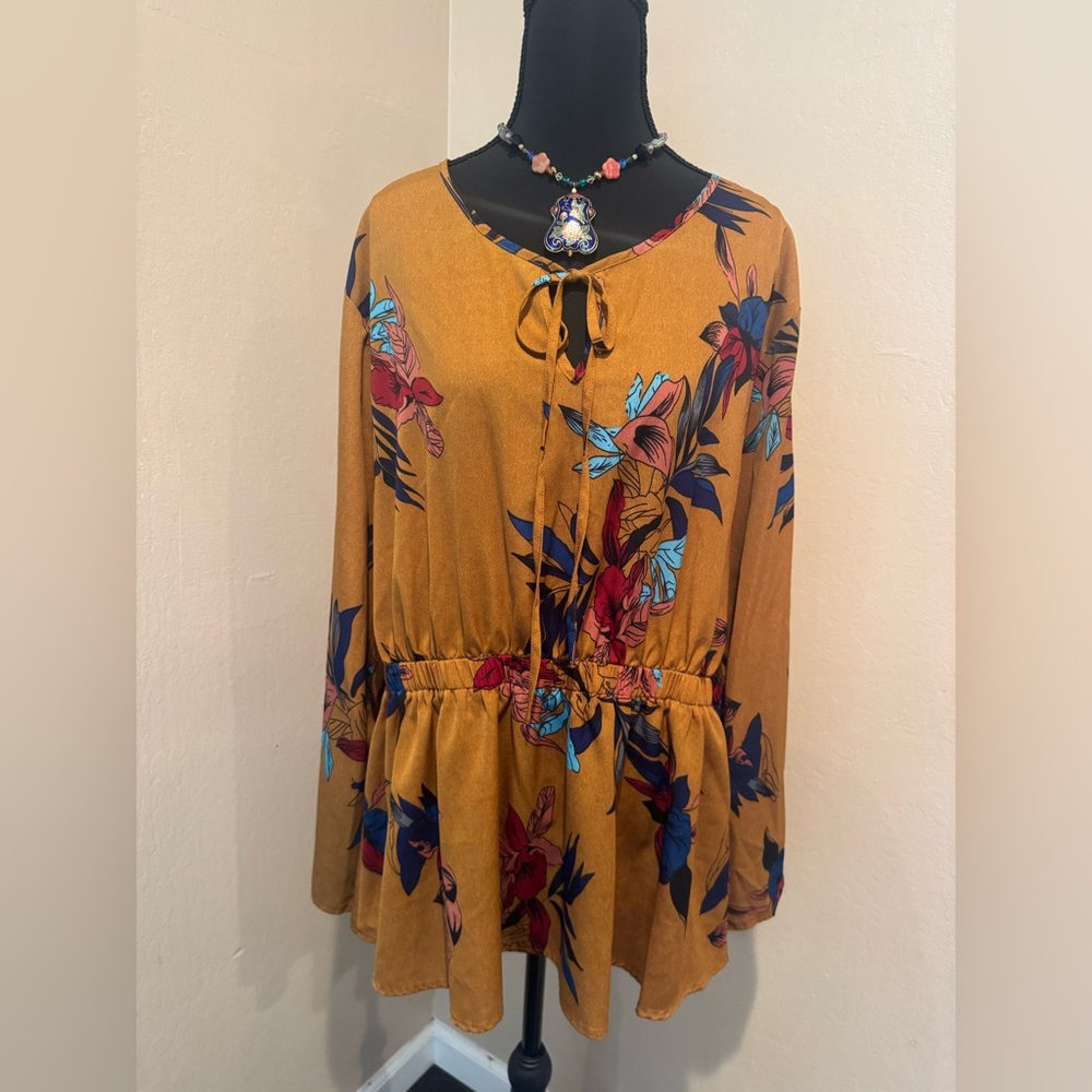 SHEIN Boho Mustard Brown Floral Tie-Front Peplum Blouse